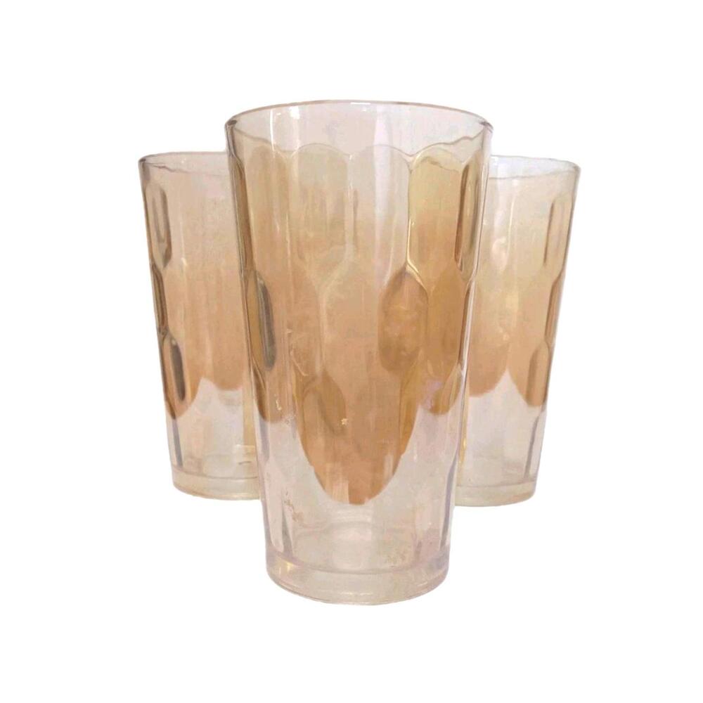 Jeannette Glass Hex Optic tumblers featuring a marigold iridescent luster finish